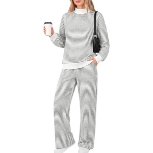 image:imageANRABESS Two Piece Sets for Women Striped Lounge Set  Oversized Mock Neck Sweatshirts amp Wide Leg Pants Airport Travel Outfit 2026 Fall Winter Fashion Cozy Matching SweatsuitsGrey White Stripe