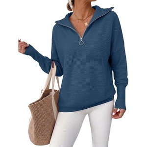 image:imageANRABESS Women Long Sleeve Quarter Zip Pullover Fall Sweater  Collared Lapel V Neck ShirtsSoft Ribbed Knit Top for LeggingsWork Business Casual OutfitsTravel Vacation ClothingDeep Blue