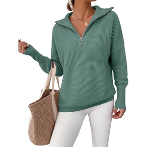 image:imageANRABESS Women Long Sleeve Quarter Zip Pullover Fall Sweater  Collared Lapel V Neck ShirtsSoft Ribbed Knit Top for LeggingsWork Business Casual OutfitsTravel Vacation ClothingGreen