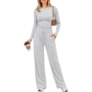 image:imageANRABESS Womens 2 Piece Lounge Sets 2026 Fall Trendy Outfits  Long Sleeve Side Ruching Top Wide Leg Drawstring Pants with Pockets Soft Comfy Airport Travel Matching Set Winter ClothesLight Grey