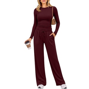 image:imageANRABESS Womens 2 Piece Lounge Sets 2026 Fall Trendy Outfits  Long Sleeve Side Ruching Top Wide Leg Drawstring Pants with Pockets Soft Comfy Airport Travel Matching Set Winter ClothesDeep Red