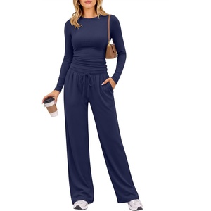 image:imageANRABESS Womens 2 Piece Lounge Sets 2026 Fall Trendy Outfits  Long Sleeve Side Ruching Top Wide Leg Drawstring Pants with Pockets Soft Comfy Airport Travel Matching Set Winter ClothesNavy Blue
