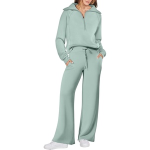 image:imageANRABESS Womens 2 Piece Set Travel Lounge Outfits Sweatsuits  Quarter Zip Pullover Wide Leg Pants amp Pockets Matching SetCasual Fall Fashion Airport Vacation ClothingSweat Track SuitsPea Green