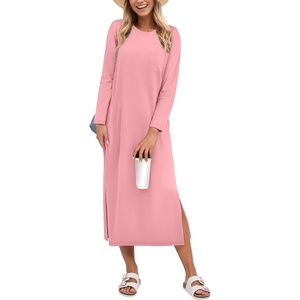 image:imageANRABESS Womens 34 Sleeve Midi T Shirt Fall Dresses  Striped Solid FloralLong Sleeve Slit Crew Neck ampChest Pocket2026 Fall OutfitsCasual Travel Vacation ClothesSummer SpringPink