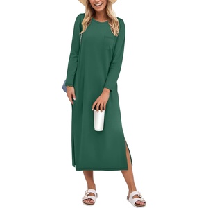 image:imageANRABESS Womens 34 Sleeve Midi T Shirt Fall Dresses  Striped Solid FloralLong Sleeve Slit Crew Neck ampChest Pocket2026 Fall OutfitsCasual Travel Vacation ClothesSummer SpringGreen
