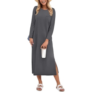image:imageANRABESS Womens 34 Sleeve Midi T Shirt Fall Dresses  Striped Solid FloralLong Sleeve Slit Crew Neck ampChest Pocket2026 Fall OutfitsCasual Travel Vacation ClothesSummer SpringGray