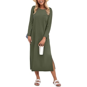 image:imageANRABESS Womens 34 Sleeve Midi T Shirt Fall Dresses  Striped Solid FloralLong Sleeve Slit Crew Neck ampChest Pocket2026 Fall OutfitsCasual Travel Vacation ClothesSummer SpringArmy Green