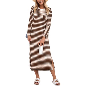 image:imageANRABESS Womens 34 Sleeve Midi T Shirt Fall Dresses  Striped Solid FloralLong Sleeve Slit Crew Neck ampChest Pocket2026 Fall OutfitsCasual Travel Vacation ClothesSummer SpringBrown White Stripe