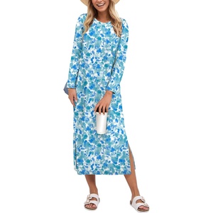 image:imageANRABESS Womens 34 Sleeve Midi T Shirt Fall Dresses  Striped Solid FloralLong Sleeve Slit Crew Neck ampChest Pocket2026 Fall OutfitsCasual Travel Vacation ClothesSummer SpringPrint Lake Blue
