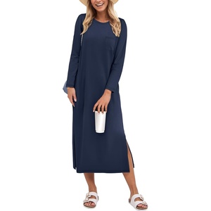 image:imageANRABESS Womens 34 Sleeve Midi T Shirt Fall Dresses  Striped Solid FloralLong Sleeve Slit Crew Neck ampChest Pocket2026 Fall OutfitsCasual Travel Vacation ClothesSummer SpringNavy Blue