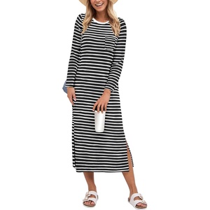 image:imageANRABESS Womens 34 Sleeve Midi T Shirt Fall Dresses  Striped Solid FloralLong Sleeve Slit Crew Neck ampChest Pocket2026 Fall OutfitsCasual Travel Vacation ClothesSummer SpringBlack White Stripe