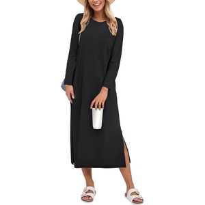 image:imageANRABESS Womens 34 Sleeve Midi T Shirt Fall Dresses  Striped Solid FloralLong Sleeve Slit Crew Neck ampChest Pocket2026 Fall OutfitsCasual Travel Vacation ClothesSummer SpringBlack