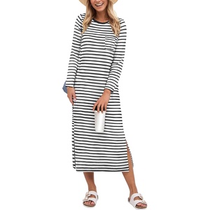 image:imageANRABESS Womens 34 Sleeve Midi T Shirt Fall Dresses  Striped Solid FloralLong Sleeve Slit Crew Neck ampChest Pocket2026 Fall OutfitsCasual Travel Vacation ClothesSummer SpringWhite Black Stripe