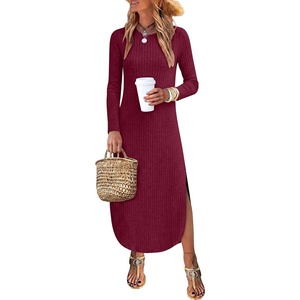image:imageANRABESS Womens Long Sleeve Maxi Fall Knit Sweater Dress  Soft Stretchy Ribbed Fabric Crew Neck Side Slit Hem Cozy Winter Outfit Daily Wear Comfy Regular Fit Side PocketsBurgundy