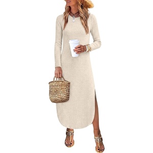 image:imageANRABESS Womens Long Sleeve Maxi Fall Knit Sweater Dress  Soft Stretchy Ribbed Fabric Crew Neck Side Slit Hem Cozy Winter Outfit Daily Wear Comfy Regular Fit Side PocketsBeige