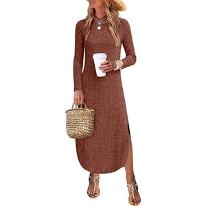 image:imageANRABESS Womens Long Sleeve Maxi Fall Knit Sweater Dress  Soft Stretchy Ribbed Fabric Crew Neck Side Slit Hem Cozy Winter Outfit Daily Wear Comfy Regular Fit Side PocketsRust Orange