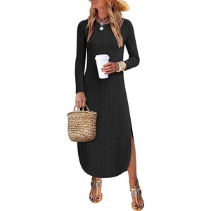 image:imageANRABESS Womens Long Sleeve Maxi Fall Knit Sweater Dress  Soft Stretchy Ribbed Fabric Crew Neck Side Slit Hem Cozy Winter Outfit Daily Wear Comfy Regular Fit Side PocketsBlack