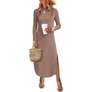 image:imageANRABESS Womens Long Sleeve Maxi Fall Knit Sweater Dress  Soft Stretchy Ribbed Fabric Crew Neck Side Slit Hem Cozy Winter Outfit Daily Wear Comfy Regular Fit Side PocketsKhaki