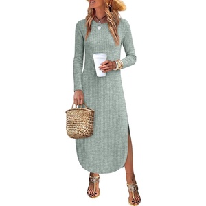 image:imageANRABESS Womens Long Sleeve Maxi Fall Knit Sweater Dress  Soft Stretchy Ribbed Fabric Crew Neck Side Slit Hem Cozy Winter Outfit Daily Wear Comfy Regular Fit Side PocketsLight Green