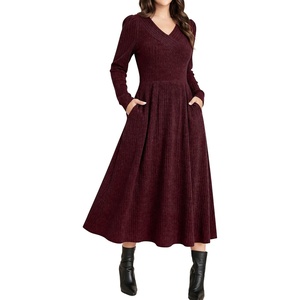 image:imageANRABESS Womens Long Sleeve V Neck A Line Fall Midi Dress  Ribbed Knit Empire Waist with Pockets Casual Swing Flowy Winter DressesSoft Stretchy Office WorkDate Night Everyday WearBurgundy