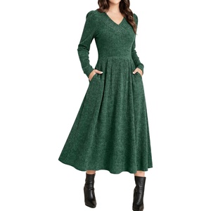 image:imageANRABESS Womens Long Sleeve V Neck A Line Fall Midi Dress  Ribbed Knit Empire Waist with Pockets Casual Swing Flowy Winter DressesSoft Stretchy Office WorkDate Night Everyday WearGreen