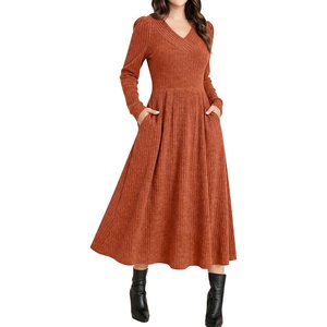 image:imageANRABESS Womens Long Sleeve V Neck A Line Fall Midi Dress  Ribbed Knit Empire Waist with Pockets Casual Swing Flowy Winter DressesSoft Stretchy Office WorkDate Night Everyday WearBurnt Orange