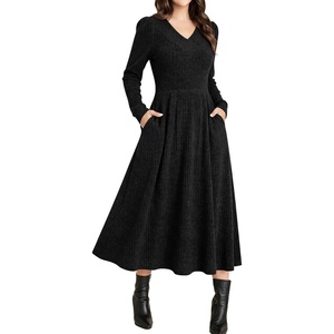 image:imageANRABESS Womens Long Sleeve V Neck A Line Fall Midi Dress  Ribbed Knit Empire Waist with Pockets Casual Swing Flowy Winter DressesSoft Stretchy Office WorkDate Night Everyday WearBlack