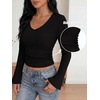 image:imageANRABESS Bell Long Sleeve Shirts for Women Crop Fall Tops  V Neck Flare Sleeve Going Out Top Ribbed Ruched Slim Fit Soft Stretchy Basic Tees Versatile Y2K ClothesBlack