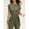 image:imageANRABESS Womens 2 Piece Outfits 2026 Summer Fall Travel Lounge Set  Soft Cozy Airport Fabric Cap Sleeve TieWaisted Top amp Wide Leg Pants Trendy Vacation Outfits Casual Business Daily WearArmy Green
