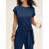 image:imageANRABESS Womens 2 Piece Outfits 2026 Summer Fall Travel Lounge Set  Soft Cozy Airport Fabric Cap Sleeve TieWaisted Top amp Wide Leg Pants Trendy Vacation Outfits Casual Business Daily WearNavy Blue