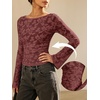 image:imageANRABESS Womens Bell Long Sleeve Crop Tops Floral Mesh Blouse  Boat Neck Slim Fit Shirts Bodycon Outfit Soft Polyester Fabric Going Out Work Trendy Elegant Fall Spring ClothesRed