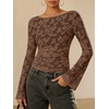 image:imageANRABESS Womens Bell Long Sleeve Crop Tops Floral Mesh Blouse  Boat Neck Slim Fit Shirts Bodycon Outfit Soft Polyester Fabric Going Out Work Trendy Elegant Fall Spring ClothesBrown