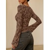 image:imageANRABESS Womens Bell Long Sleeve Crop Tops Floral Mesh Blouse  Boat Neck Slim Fit Shirts Bodycon Outfit Soft Polyester Fabric Going Out Work Trendy Elegant Fall Spring ClothesBrown