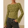 image:imageANRABESS Womens Bell Long Sleeve Crop Tops Floral Mesh Blouse  Boat Neck Slim Fit Shirts Bodycon Outfit Soft Polyester Fabric Going Out Work Trendy Elegant Fall Spring ClothesGreen