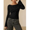 image:imageANRABESS Womens Bell Long Sleeve Crop Tops Floral Mesh Blouse  Boat Neck Slim Fit Shirts Bodycon Outfit Soft Polyester Fabric Going Out Work Trendy Elegant Fall Spring ClothesBlack