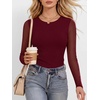 image:imageANRABESS Womens Long Sleeve Shirts Crew Neck Mesh Top  Soft Ribbed Knit T Shirts Slim Fit Sheer Sleeve Date Night Look Sexy Going Out ClothesFall Spring Basic LayeringBurgundy