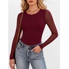image:imageANRABESS Womens Long Sleeve Shirts Crew Neck Mesh Top  Soft Ribbed Knit T Shirts Slim Fit Sheer Sleeve Date Night Look Sexy Going Out ClothesFall Spring Basic LayeringBurgundy
