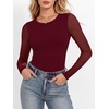 image:imageANRABESS Womens Long Sleeve Shirts Crew Neck Mesh Top  Soft Ribbed Knit T Shirts Slim Fit Sheer Sleeve Date Night Look Sexy Going Out ClothesFall Spring Basic LayeringBurgundy