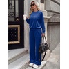 image:imageANRABESS Womens Lounge Sets 2 Piece Velour Sweatsuit Tracksuit  Matching Travel Outfits for Women Velvet Crewneck Pullover Top and Wide Leg Pants Cozy Fall Winter Loungewear SweatSuitsNavy Blue