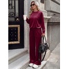 image:imageANRABESS Womens Lounge Sets 2 Piece Velour Sweatsuit Tracksuit  Matching Travel Outfits for Women Velvet Crewneck Pullover Top and Wide Leg Pants Cozy Fall Winter Loungewear SweatSuitsWine Red
