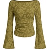 image:imageANRABESS Womens Bell Long Sleeve Crop Tops Floral Mesh Blouse  Boat Neck Slim Fit Shirts Bodycon Outfit Soft Polyester Fabric Going Out Work Trendy Elegant Fall Spring ClothesGreen
