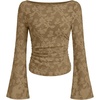 image:imageANRABESS Womens Bell Long Sleeve Crop Tops Floral Mesh Blouse  Boat Neck Slim Fit Shirts Bodycon Outfit Soft Polyester Fabric Going Out Work Trendy Elegant Fall Spring ClothesKhaki