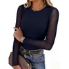 image:imageANRABESS Womens Long Sleeve Shirts Crew Neck Mesh Top  Soft Ribbed Knit T Shirts Slim Fit Sheer Sleeve Date Night Look Sexy Going Out ClothesFall Spring Basic LayeringNavy Blue