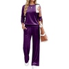 image:imageANRABESS Womens Lounge Sets 2 Piece Velour Sweatsuit Tracksuit  Matching Travel Outfits for Women Velvet Crewneck Pullover Top and Wide Leg Pants Cozy Fall Winter Loungewear SweatSuitsPurple