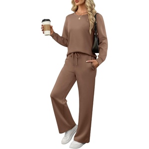 image:imageANRABESS 2 Piece Set for Women Lounge Airport Fall Outfits  Long Sleeve Shirts Wide Leg Pants Matching SetCasual Travel Vacation Fashion ClothingWrinkleFree Soft SweatsuitsBrown