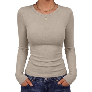 image:imageANRABESS Fall Long Sleeve Shirts for Women Wool Blend Tops  Comfy Stretch Slim Basic Tee Casual Work Going Out Daily Wear Soft Crewneck Lightweight Sweater Winter Layering ClothesLight Khaki