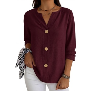 image:imageANRABESS Long Sleeve Shirts for Women V Neck Henley Tops  Lightweight Soft Fabric Regular Fit Business Casual Office Daily Blouses Dressy Elegant Style Spring Winter ClothesWine Red