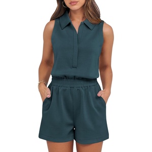 image:imageANRABESS Romper for Womens 2026 Summer Dressy Casual Sleeveless V Neck One Piece Short Jumpsuit Lounge Travel Outfits ClothesLake Green