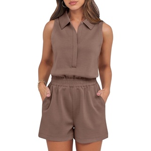 image:imageANRABESS Romper for Womens 2026 Summer Dressy Casual Sleeveless V Neck One Piece Short Jumpsuit Lounge Travel Outfits ClothesLight Brown
