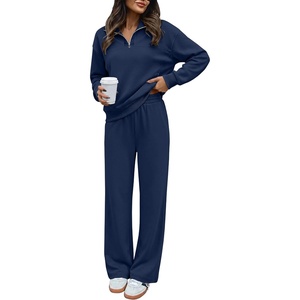 image:imageANRABESS Sweatsuit for Women 2 Piece Outfits Half Zip Lounge Set  WrinkleFree TracksuitAirport Travel Matching Sets High Waisted Wide Leg Sweatpants Casual WorkoutFall Winter ClothingNavy Blue